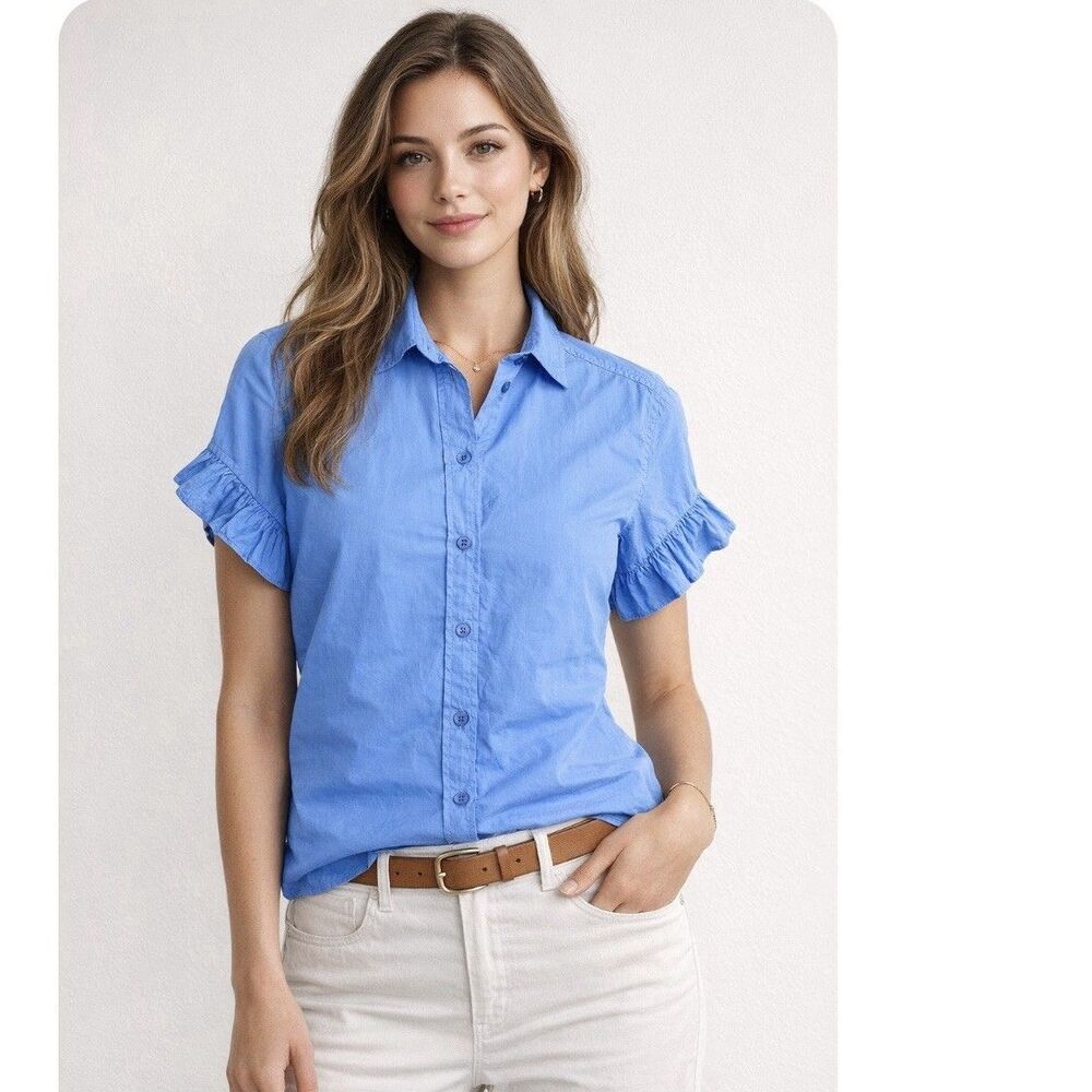 J.Crew Classic-Fit Lightweight Cotton Poplin Ruffle-Sleeve Shirt Woman’s 10 Blue - Picture 1 of 6